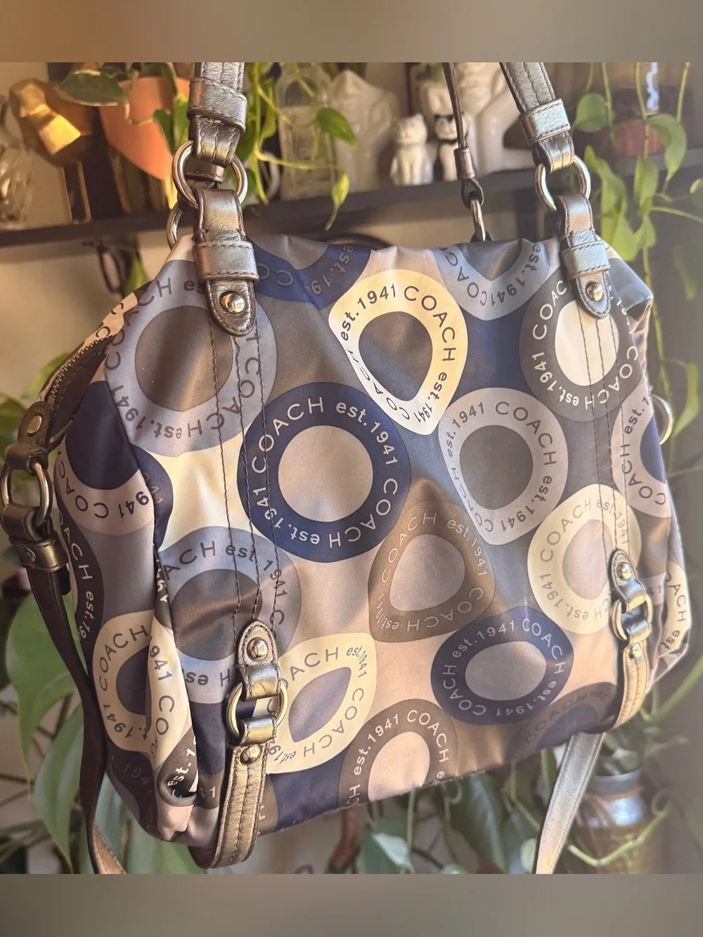 Coach F17582 - Navy and Gray Signature Ring-Print Shoulder Bag